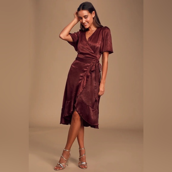 LuLus Wrapped Up In Love Burgundy Satin Faux-Wrap Midi Dress Small - Picture 1 of 7